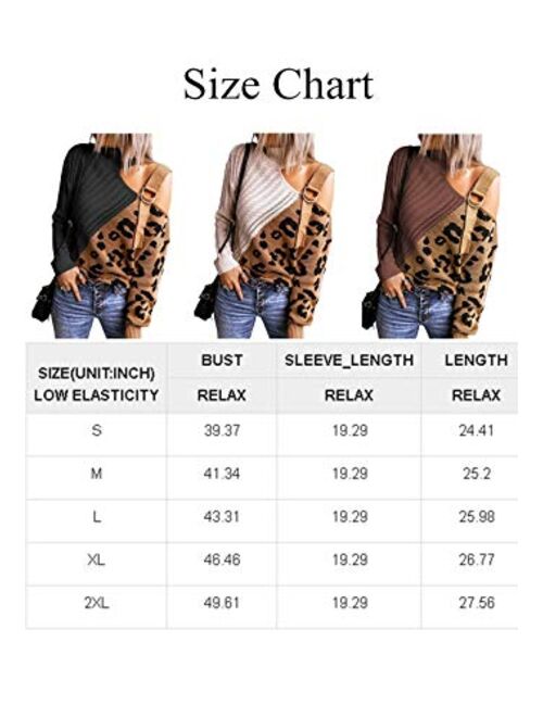 AlvaQ Womens Turtleneck Cold Shoulder Sweaters Leopard Patchwork Knitted Pullover Jumper Tops