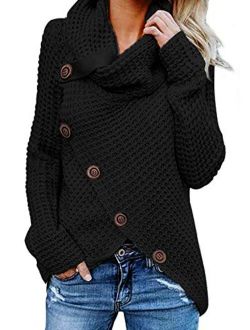Itsmode Women's Chunky Turtle Cowl Neck Knit Wrap Asymmetric Hem Sweater Coat with Button Details