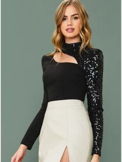 Sequin Mock-Neck and Sleeve Cut Out Top