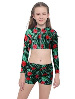 TiaoBug Kids Girls Tankini Long Sleeve Crop Top Floral Print Boyshorts Swimsuit Bathing Suit Summer Bikini