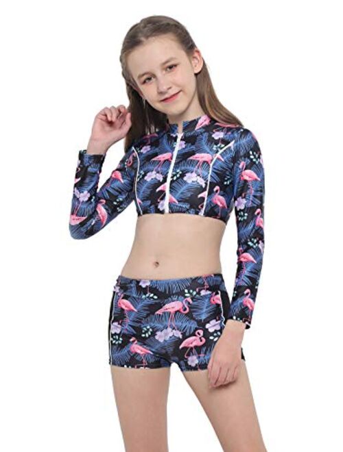 TiaoBug Kids Girls Tankini Long Sleeve Crop Top Floral Print Boyshorts Swimsuit Bathing Suit Summer Bikini