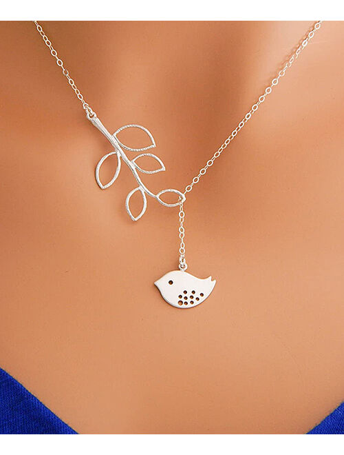 Amy and Annette Sterling Silver Bird & Leaf Pendant Lariat Necklace