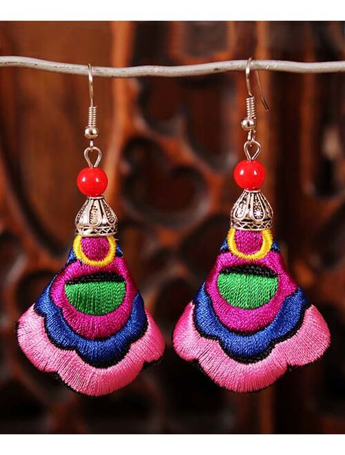 Ella & Elly Pink & Blue Beaded Embroidered Fan Drop Earrings