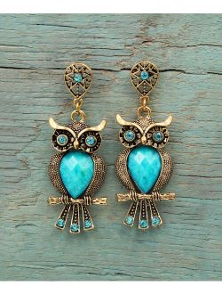 BeSheek Teal Rhinestone & Goldtone Owl Drop Earrings