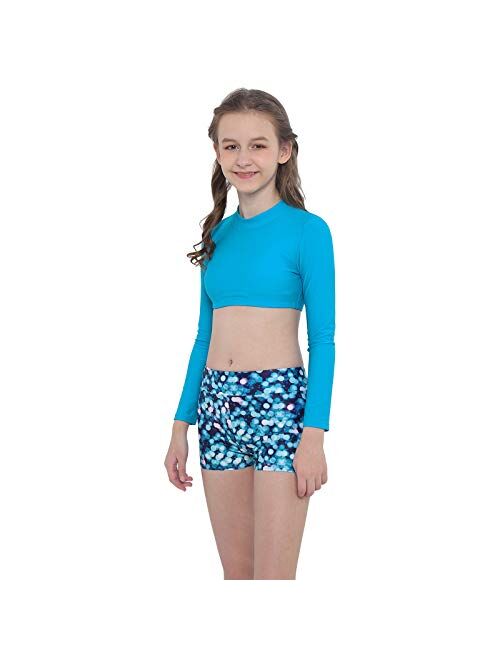 Haitryli Kid Girls Long Sleeves Rash Guard Swimsuits 2Pcs Keyhole Back Crop Top and Boyshorts Set Dancewear