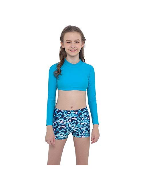 Haitryli Kid Girls Long Sleeves Rash Guard Swimsuits 2Pcs Keyhole Back Crop Top and Boyshorts Set Dancewear