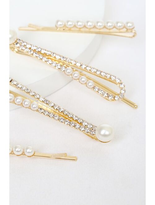 Lulus Declaration of Romance Gold Pearl and Rhinestone Hair Pin Set