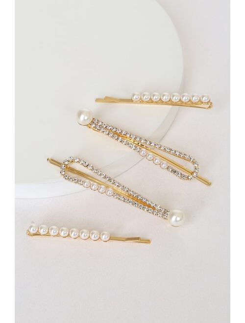 Lulus Declaration of Romance Gold Pearl and Rhinestone Hair Pin Set