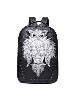 3D Owl Skull Embossing Rivet Black Purse Satchel Man Backpack Halloween Stylish Cool PU Leather laptop Travel Soft Bags