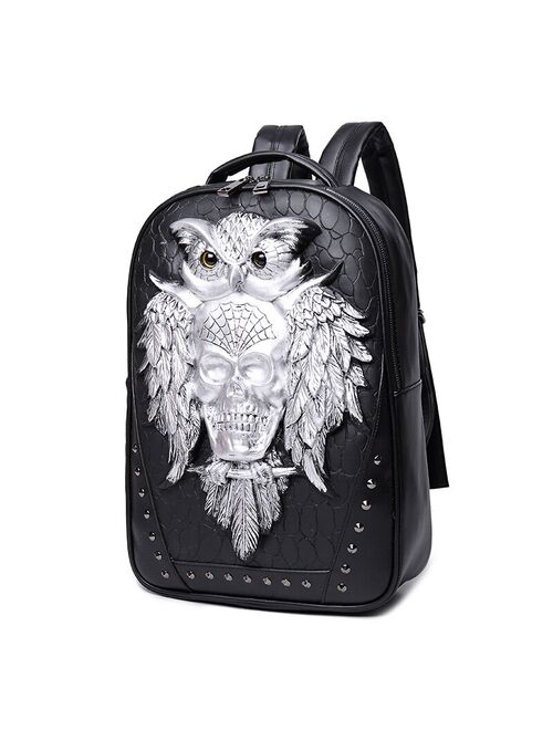 3D Owl Skull Embossing Rivet Black Purse Satchel Man Backpack Halloween Stylish Cool PU Leather laptop Travel Soft Bags