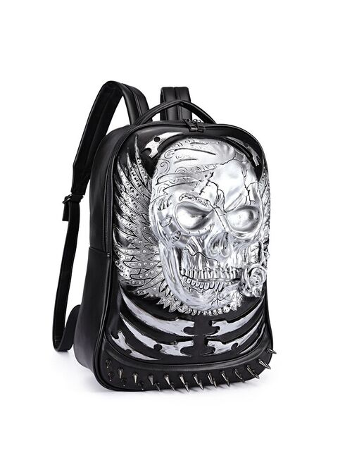 Rivet 3D Skull Skeleton Embossed Shoulder Bag Travel Punk Backpack Restore Halloween Cool Dark Gothic Carving Style Backpack