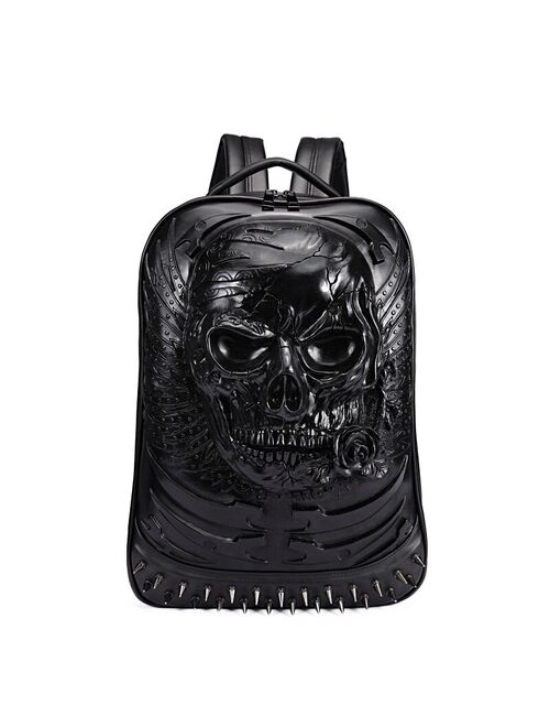 Rivet 3D Skull Skeleton Embossed Shoulder Bag Travel Punk Backpack Restore Halloween Cool Dark Gothic Carving Style Backpack