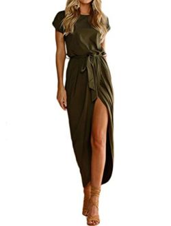WIWIQS Women's Casual Short Sleeve Slit Dress Summer Solid Party Long Maxi Dress Knee Length Dress
