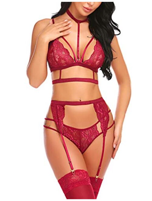 Avidlove Lace Garter Lingerie Set with Removable Choker Teddy Babydoll Strappy Bra and Panty Set (No Stockings)