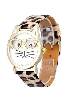 Winhurn Super Cute Cat Glasses Design Analog Quartz Women Wrist Watch (Khaki)