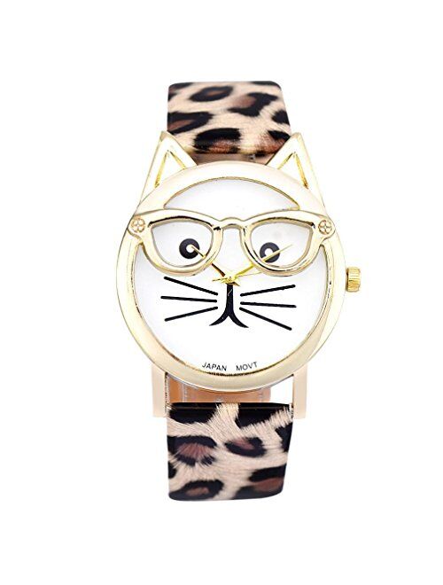 Winhurn Super Cute Cat Glasses Design Analog Quartz Women Wrist Watch (Khaki)