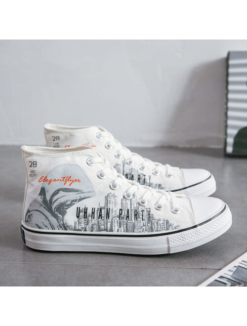 Spring Graffiti High-top Mens Canvas Shoes High-top Board Mens Casual Shoes Lace Up All-match Men Flat Sneakers