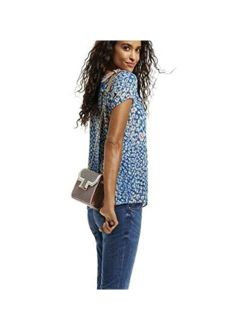 Blue Floral Short Sleeve Crossover Button Back Top Style 299
