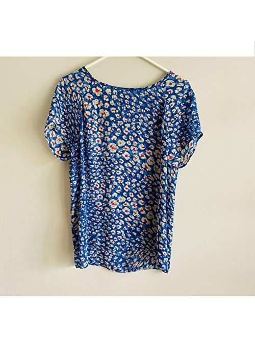 cabi Blue Floral Short Sleeve Crossover Button Back Top Style 299