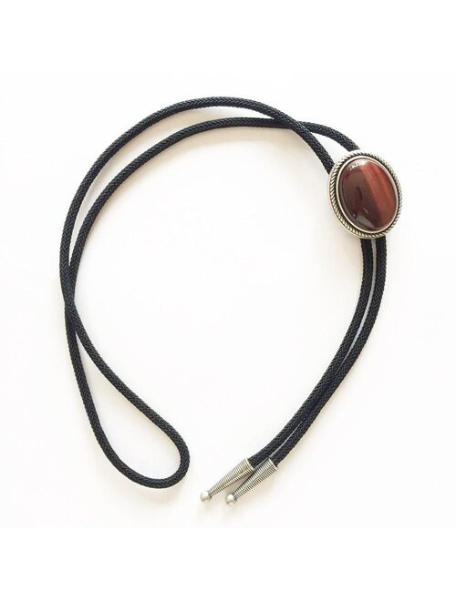 Vintage Silver Plated Nature Red Tiger Eye Stone Western Oval Bolo Tie Neck Tie With Sky Systems Fiber Braided Rope Stock in US
