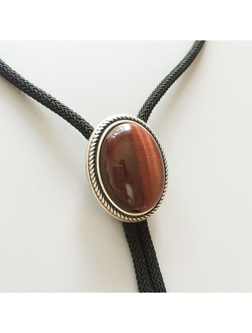 Vintage Silver Plated Nature Red Tiger Eye Stone Western Oval Bolo Tie Neck Tie With Sky Systems Fiber Braided Rope Stock in US