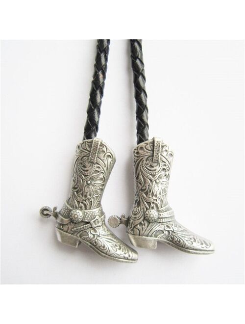 New Vintage Silver Plated Western Cowboy Boots Cap Wedding Bolo Tie Leather Necklace also Stock in US
