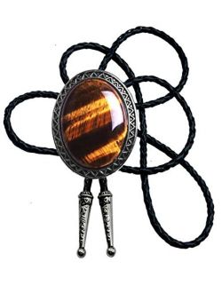 Moranse Bolo Tie with Natural Tiger Eye Stone Celtic Style Genuine and Cowhide Rope