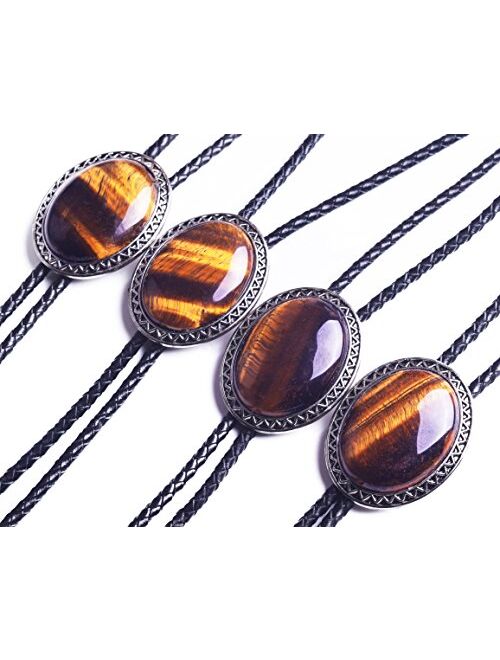 Moranse Bolo Tie with Natural Tiger Eye Stone Celtic Style Genuine and Cowhide Rope