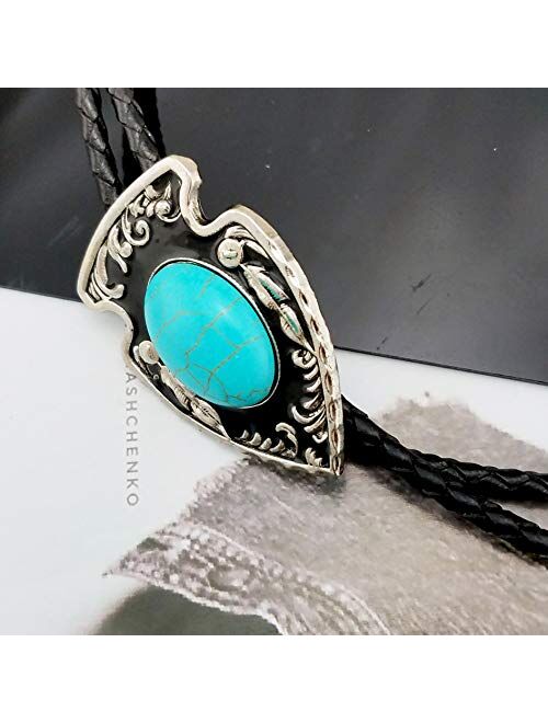 SELOVO Native American Turquoise Western Bolo Tie Indian Spear Genuine Leather