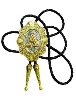 Moranse Golden Initial A to Z in Flower Nursery Cowboy Bolo Tie with Cowhide Rope
