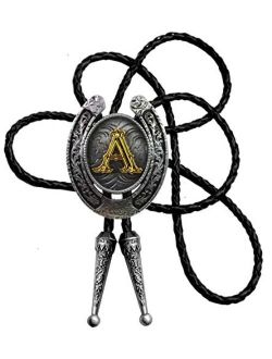 Moranse Bolo Tie Golden Initial Letter A to Z In Western Cowboy Horseshoe Style with Cowhide Rope Necktie