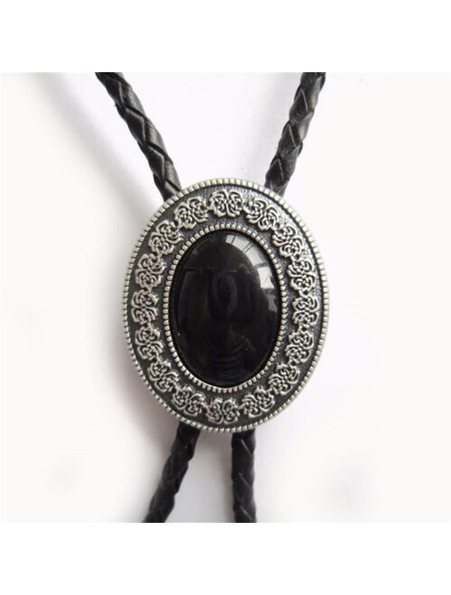 Original Silver Plated Small Size Vintage Black Obsidian Stone Oval Bolo Tie Leather Necklace also Stock in US BOLOTIE-009SL