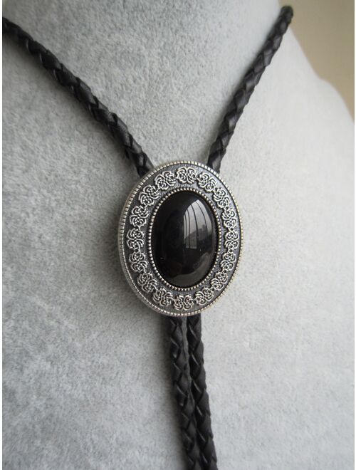 Original Silver Plated Small Size Vintage Black Obsidian Stone Oval Bolo Tie Leather Necklace also Stock in US BOLOTIE-009SL