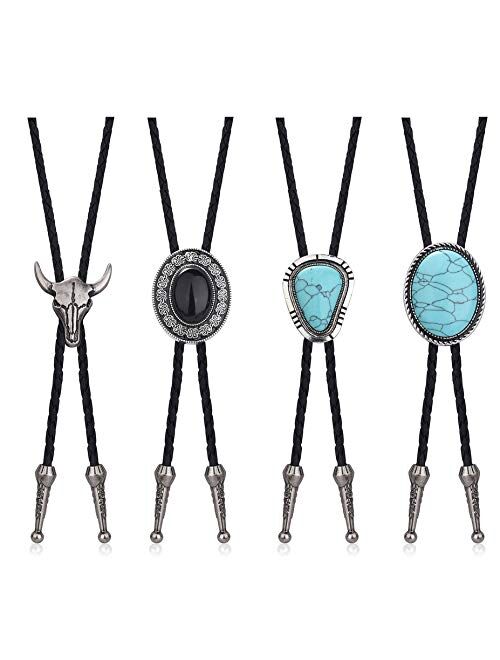 SAILIMUE 4 Pcs Leather Bolo Tie Turquoise Handmade Round Shape Western Cowboy Native American Bola Tie for Men Women Black