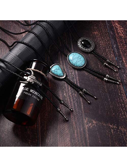 SAILIMUE 4 Pcs Leather Bolo Tie Turquoise Handmade Round Shape Western Cowboy Native American Bola Tie for Men Women Black