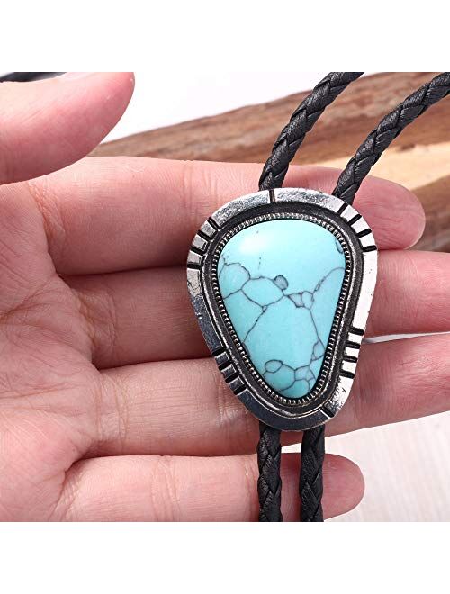 SAILIMUE 4 Pcs Leather Bolo Tie Turquoise Handmade Round Shape Western Cowboy Native American Bola Tie for Men Women Black