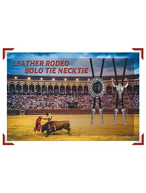 SAILIMUE 4 Pcs Leather Bolo Tie Turquoise Handmade Round Shape Western Cowboy Native American Bola Tie for Men Women Black