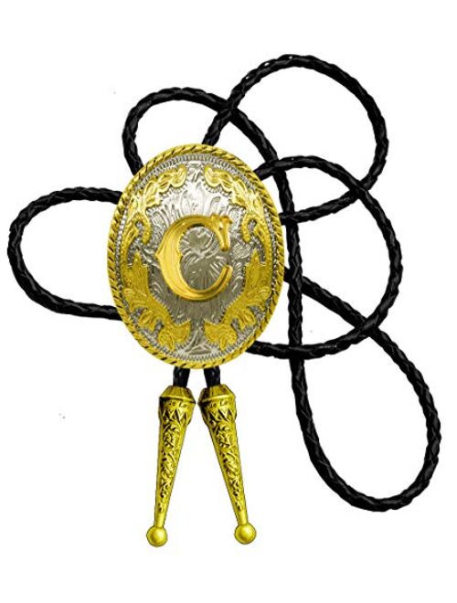 Golden Western Bolo Tie Initial Letter A to Z in Round Flower Cowboy with Cowhide Rope Necktie