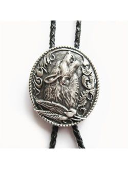 Vintage Style Silver Plating Western Wolf Wedding Oval Bolo Tie Neck Tie Leather