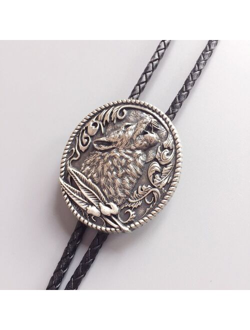 Vintage Style Silver Plating Western Wolf Wedding Oval Bolo Tie Neck Tie Leather