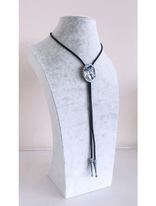 Blue Enamel Western Horse Head Oval Bolo Tie Wedding Leather Necklace Neck Tie