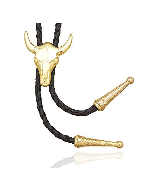 RechicGu Western Texas Longhorn Buffalo Steer Cow Skull Leather Rodeo Bolo Tie Necktie