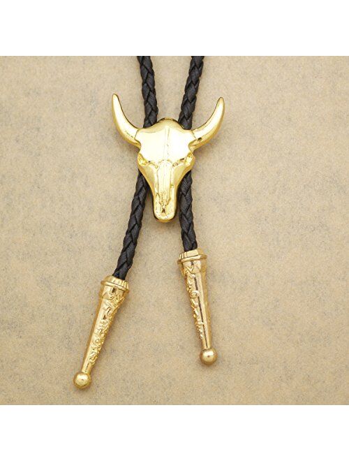 RechicGu Western Texas Longhorn Buffalo Steer Cow Skull Leather Rodeo Bolo Tie Necktie