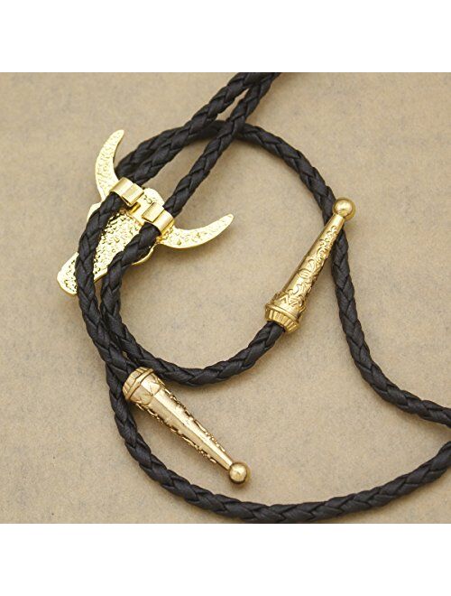 RechicGu Western Texas Longhorn Buffalo Steer Cow Skull Leather Rodeo Bolo Tie Necktie