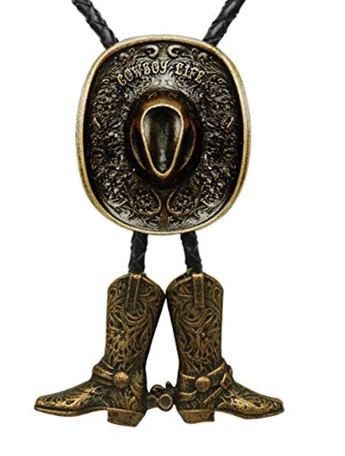 Moranse Bolo Tie with Western Cowboy Hat Saddle And Knight Boots Style Genuine and Cowhide Rope