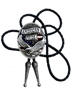 Moranse Bolo Tie with Fluttering American Flag Patriot Style Genuine and Cowhide Rope