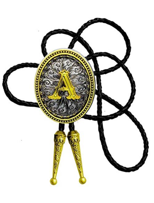 Moranse Bolo Tie Golden Initial Letter A to Z In Western Cowboy Oval Medal Style with Cowhide Rope Necktie
