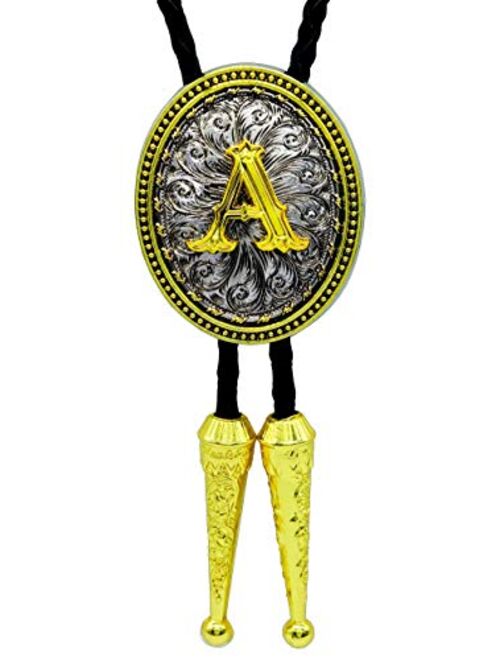 Moranse Bolo Tie Golden Initial Letter A to Z In Western Cowboy Oval Medal Style with Cowhide Rope Necktie 