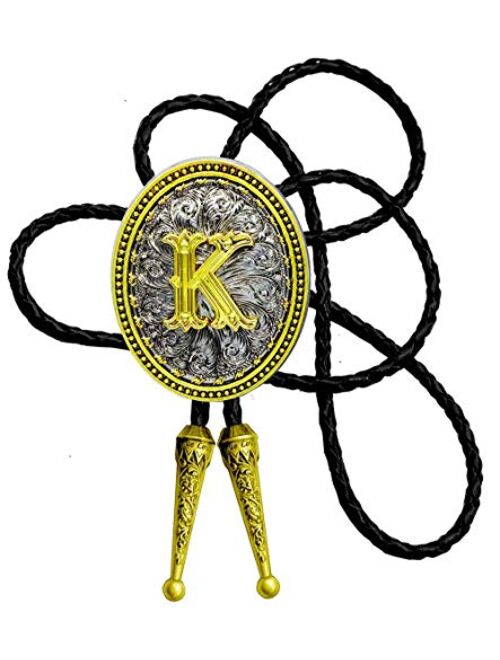 Golden Western Bolo Tie Initial Letter A to Z in Round Flower Cowboy with Cowhide Rope Necktie 