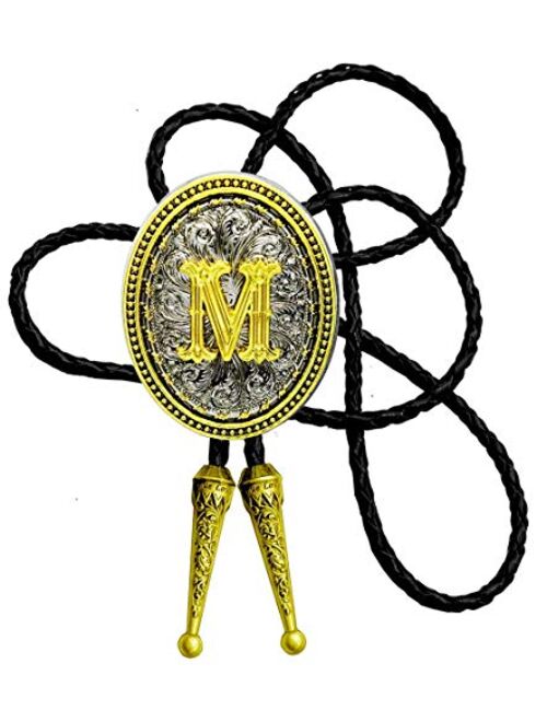 Moranse Bolo Tie Golden Initial Letter A to Z In Western Cowboy Oval Medal Style with Cowhide Rope Necktie